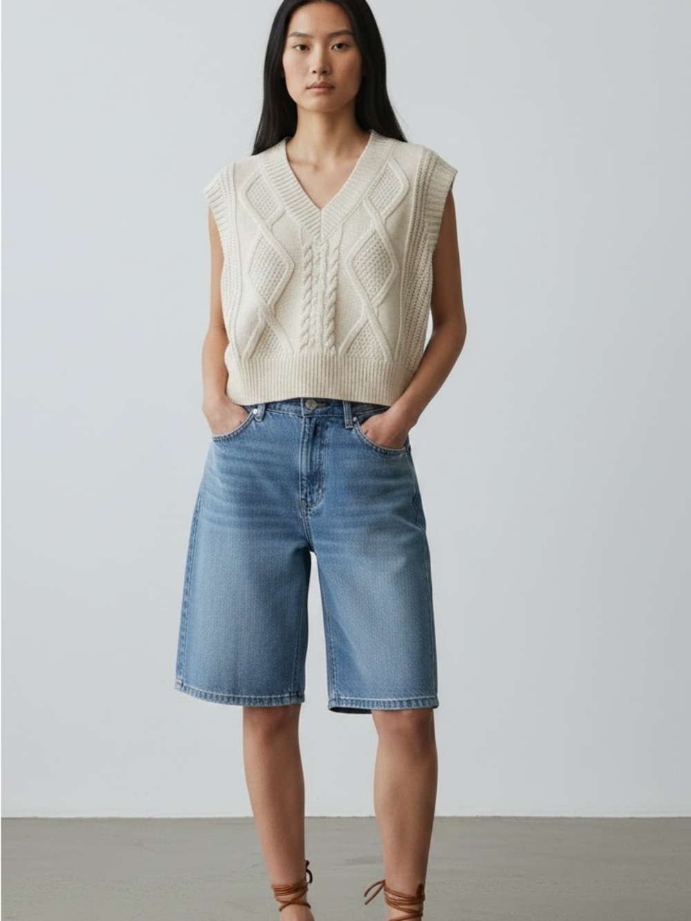 Hesperus Cream Cable Knit Crop Sweater Vest V-Neck XS - Picture 4 of 4